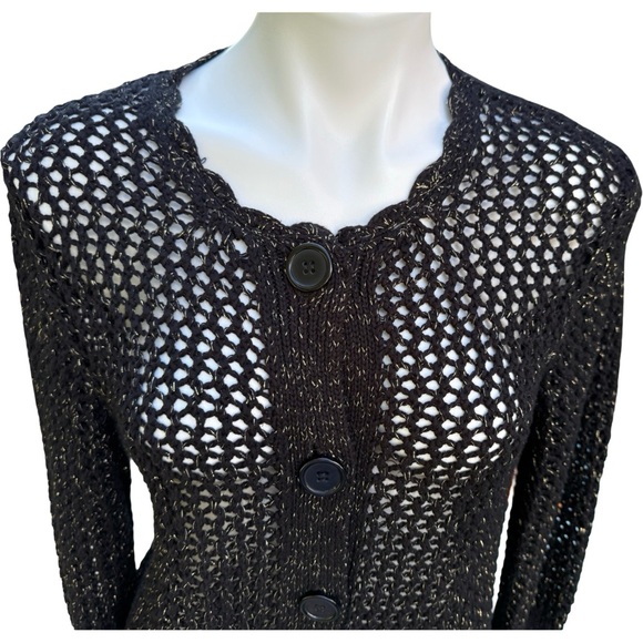 Black Chunky See Through Knit Cardigan Sweater with Gold Thread Sz M - Picture 2 of 10